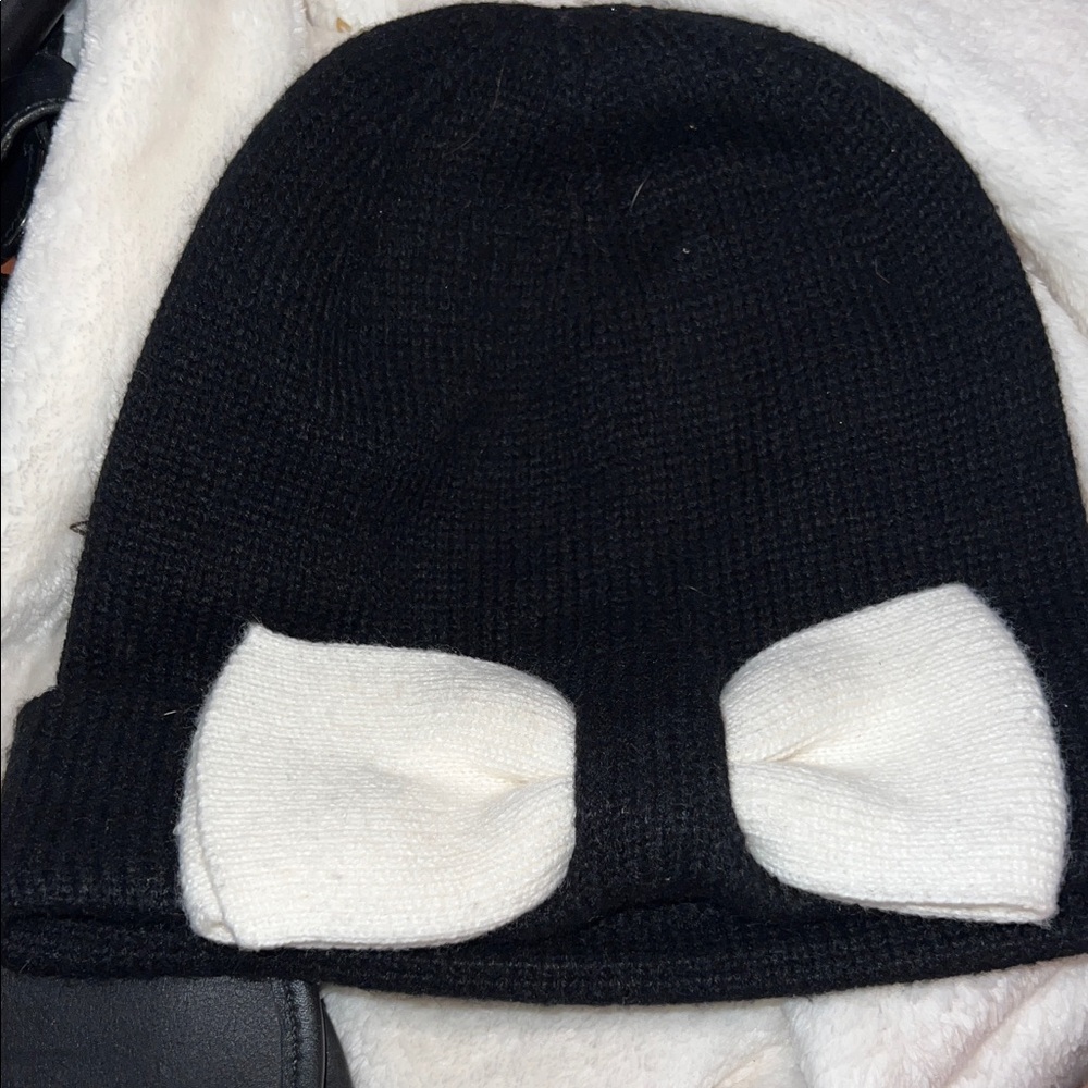 Kate Spade Black Knit Hat with White Bow